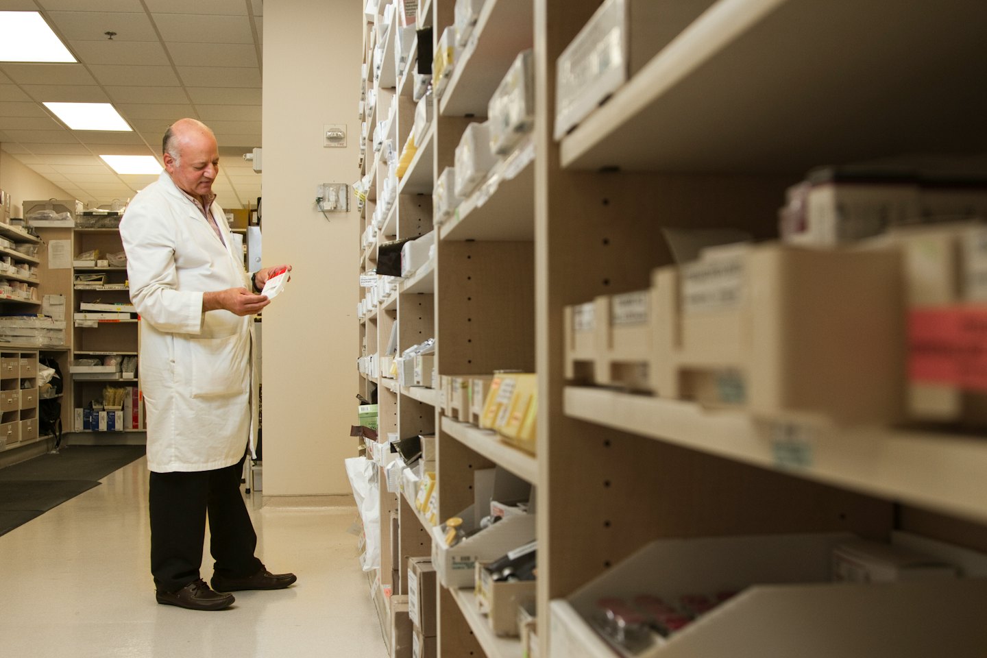 Pharmacist examines medication on shelves in a pharmacy.